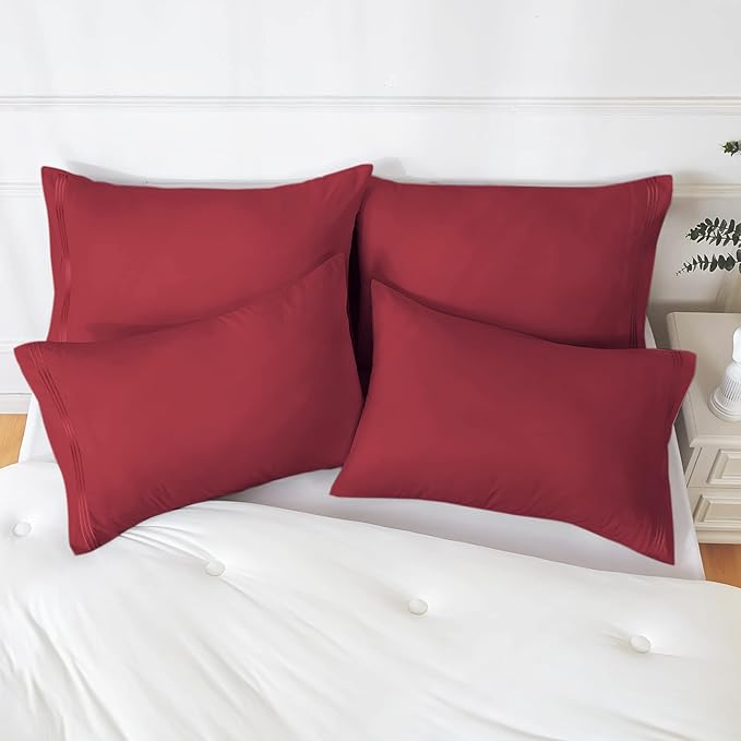 YIYEA Pillow Cases Queen Size Set of 4, Ultra Soft 1800TC Hotel Quality Double Brushed Microfiber Embroidered Pillowcases, Envelope Closure, Fade Resistant (20"x30", Burgundy)