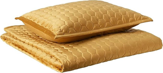Tribeca Living Lugano Oversized Velvet Quilt Set - All Season, Extra Large, 3 Piece King Size Comforter Set with 2 Pillow Shams in Gold Honeycomb Pattern 260GSM