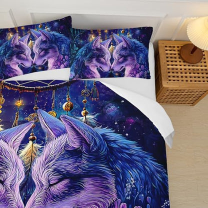 Purple Wolf Bedding Comforter Set King Size，Dreamcatcher Flower Quilt Bedding Set King，with 1 Comforter with 2 Pillow Case，Wolf Bedroom Decor for Kids Girls Boy