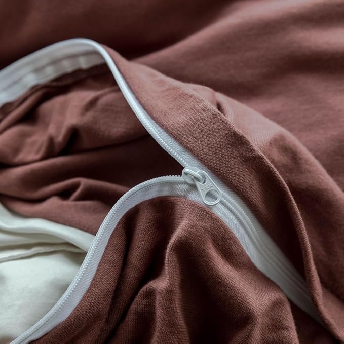 LifeTB Brick Red Duvet Cover Twin XL Size Soft Jersey Knit Cotton Bedding Set Minimalist Clay Rust Red Comforter Cover 3 Pieces Solid Color Bedding Knitted Cotton Duvet Cover with 2 Pillowcases
