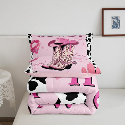 Castle Fairy Pink Cowgirl Bedding Set Twin Size Milk Cow Print Comforter Set for Girls Room Decor Modern Leopard Cowboy Boots Down Comforter Desert Cactus Quilt Set with 1 Pillowcase