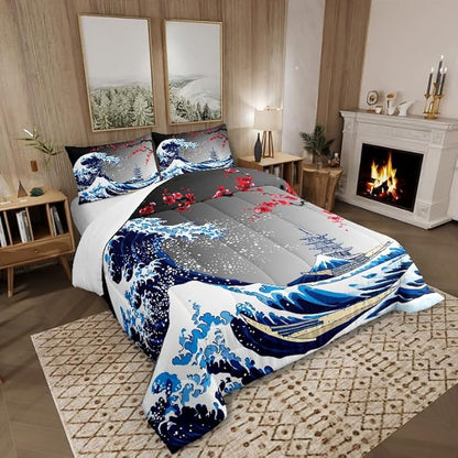 Castle Fairy Ukiyoe Ocean Wave Bedding Set King Size Japanese Style Comforter Set for Girls Boys Historical Building Boat Down Comforter Red Plum Blossom Flower Quilt Set with 2 Pillowcases