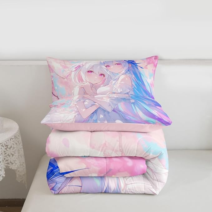 Erosebridal 3D Kawaii Girly Bedding King Size, Japanese Girl Comforter Set for Kids Toddler Girls Cherry Blossoms Bedding Comforter Sets, Watercolor Romance Duvet Set Happy Friendship Down Comforter