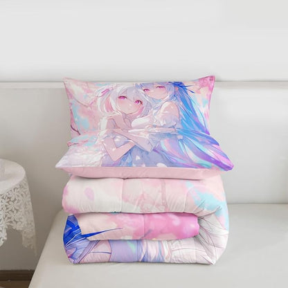 Erosebridal 3D Kawaii Girly Bedding King Size, Japanese Girl Comforter Set for Kids Toddler Girls Cherry Blossoms Bedding Comforter Sets, Watercolor Romance Duvet Set Happy Friendship Down Comforter