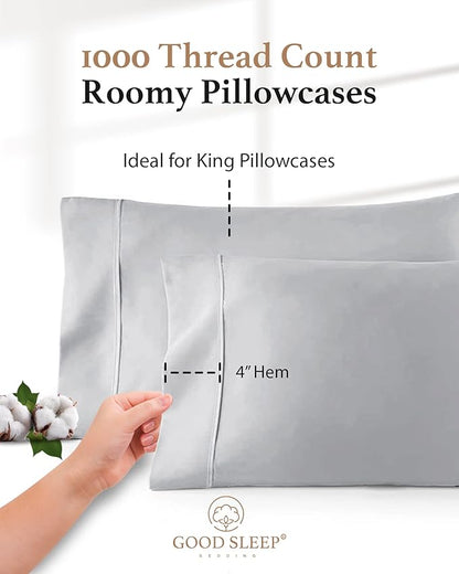 1000 TC Light Gray King Pillowcases Set of 2 100% Egyptian Cotton Pillow Cases with Long Staple Cotton & Sateen Weave, Silky Soft Hotel - Like Bed Pillow Covers for Comfy Sleeping, Snug Fit