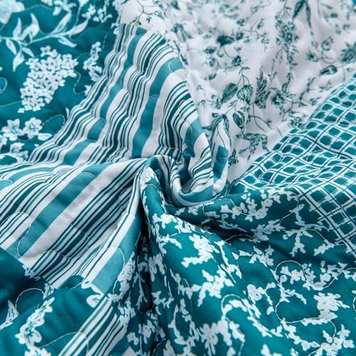 Mybedsoul Boho Quilt King Size, Patchwork Floral Bedding Set, Teal Blue