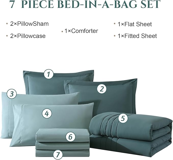 Monbix California King Size Comforter Set - 7 Pieces Bed in a Bag California King, Blue Green Bedding Sets, All Seasons Comforter Bed Set with Sheets, Pillowcases & Shams
