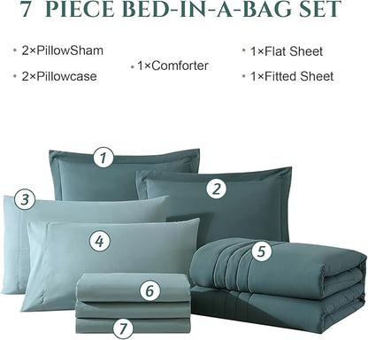 Monbix California King Size Comforter Set - 7 Pieces Bed in a Bag California King, Blue Green Bedding Sets, All Seasons Comforter Bed Set with Sheets, Pillowcases & Shams