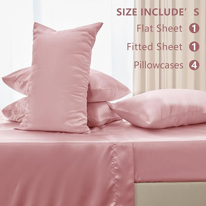 CozyLux Satin Sheets Full Size Sheets - 6 Piece Silky Full Size Bed Sheets, Luxury Dirty Pink Full Bed Set with Smooth and Soft Microfiber, Includes 1 Fitted Sheet, 1 Flat Sheet and 4 Pillowcases