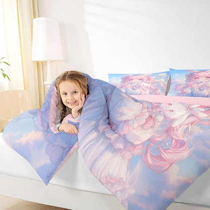 Erosebridal Kawaii Girl Bedding Queen,3D Anime Gifts Comforter Set Japanese Girl with Curly Hair Bed Sets Romance Style Duvet Insert 3 Pieces