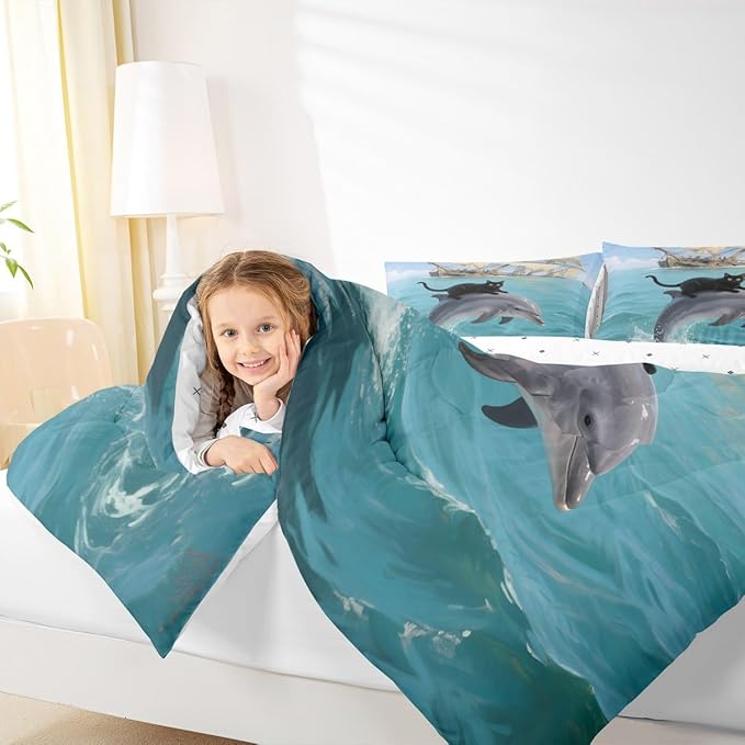 Erosebridal Black Kitten Bedding Set Queen Size Dolphin Comforter Set for Kids Girls Boys Marine Waves Kawaii Cat Sea Ship Blue White Comforter Warm Soft Quilt Insert