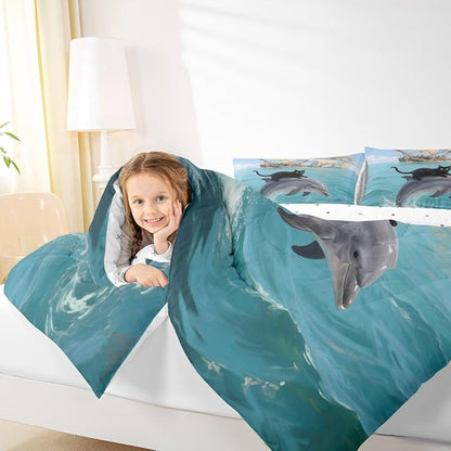 Erosebridal Black Kitten Bedding Set Twin Size Dolphin Comforter Set for Kids Girls Boys Marine Waves Kawaii Cat Sea Ship Blue White Comforter Warm Soft Quilt Insert