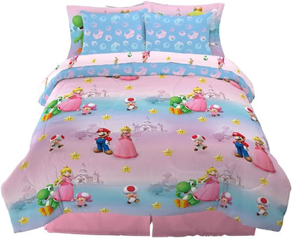 Super Mario Girl Princess Peach Girl Gamer Kids Bedding Super Soft & Cozy Reversible Microfiber Comforter and Sheet Set with Sham, 7 Piece Full Size, (Officially Licensed Product) By Franco