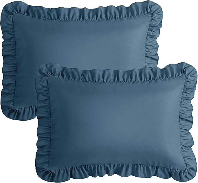 KKJIAF Ruffle Pillow Cases Standard Size Set of 2, Ruffled Pillow Covers with Envelope Closure, Wrinkle Resistant Ruffled Pillow Shams 20" x 26", Dark Blue
