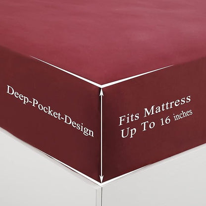 4 Piece Bed Sheet Set (Queen,Burgundy) 1 Flat Sheet,1 Fitted Sheet and 2 Pillow Cases,Brushed Microfiber Luxury Bedding with Deep Pockets