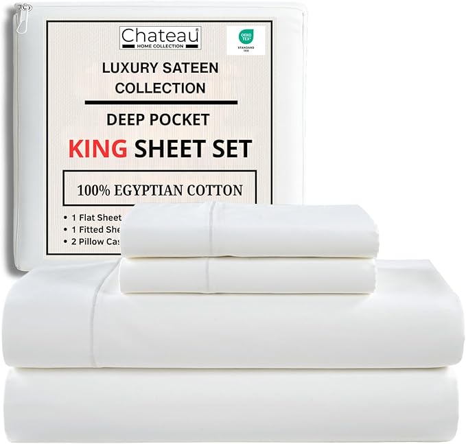 100% Egyptian Cotton Sheets King Size Sheets Set with Fully Elasticated 15" Deep Fitted Sheet & Pillowcase Sets, Sateen Weave Hotel Collection King Sheet Set, Soft Luxury White Bedding
