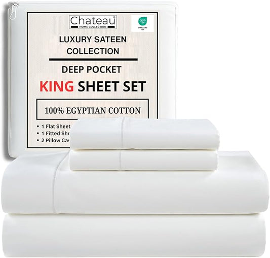 100% Egyptian Cotton Sheets King Size Sheets Set with Fully Elasticated 15" Deep Fitted Sheet & Pillowcase Sets, Sateen Weave Hotel Collection King Sheet Set, Soft Luxury White Bedding