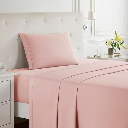 Clara Clark Bed Sheets, Premier 1800 Series Bed Sheet Set, Deep Pocket, Wrinkle, Fade, Stain Resistant, Luxury Soft Bedding Sheets & Pillowcases, Twin, Pink Beige