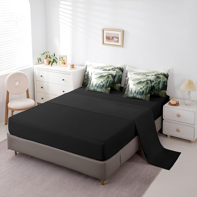 Erosebridal Dark Green Misty Forest Full Bed in A Bag 7 Piece Mountain Foggy Woodland Comforter Set with Sheets Rustic Pine Tree Bedding Sets for Kids Adults,Watercolor Nature Theme Bed Set