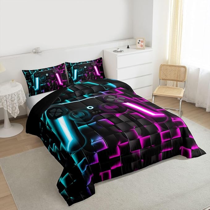 Erosebridal Boys Gamer Comforter Set Gaming Full Size Bedding Sets for Kids Boys Teen Men Neon Lights Ombre Checkered Video Games Bed Comforter Set 3D Geometric Game Console Quilt Blue Purple