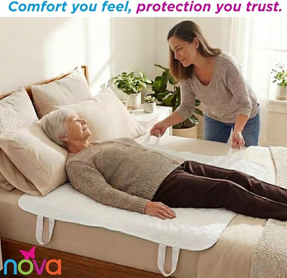 NOVA Waterproof Reusable Underpad with 4 Positioning Strap Handles, 100% Cotton Skin Soft Top Layer, Washable Incontinence Bed & Surface Overlay, Super Absorbent, 32” x 36”