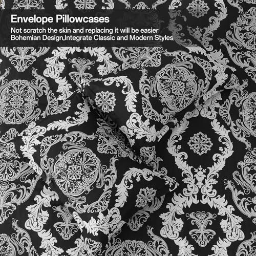 WONGS BEDDING 7 Pieces Comforter Set Queen Size, Black White Texture Bedding Set for All Season, Damask Soft and Breathable Bed in a Bag with Comforter, Flat Sheet, Fitted Sheet, Pillowcases & Shams