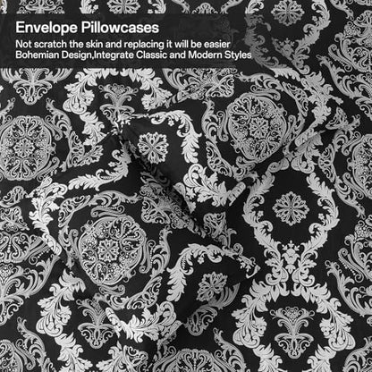WONGS BEDDING 7 Pieces Comforter Set Queen Size, Black White Texture Bedding Set for All Season, Damask Soft and Breathable Bed in a Bag with Comforter, Flat Sheet, Fitted Sheet, Pillowcases & Shams