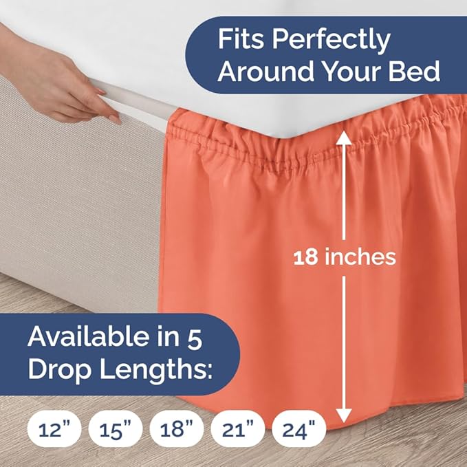 Wrap Around Dust Ruffle Bed Skirt - Coral - for Queen Size Beds with 18 Inch Drop - Easy Fit Elastic Strap - Adjustable Pleated Bedskirt w/Brushed Fabric - Wrinkle Free - for Women, Men, Kids & Teens