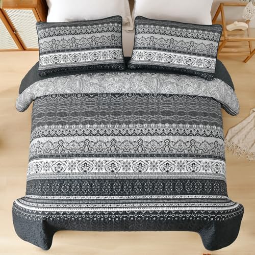 WONGS BEDDING Boho King Quilt Bedding Set, 3 Pieces Bedspread, Black