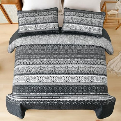 WONGS BEDDING Boho King Quilt Bedding Set, 3 Pieces Bedspread, Black