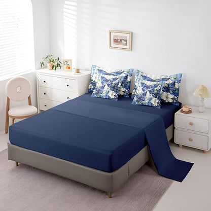 Erosebridal 7 Piece Blue Butterfly Full Bedding Set with Sheets for Girls White Flowers Oil Painting Boho Bed in A Bag Retro Floral Butterfly Comforter Set,Aesthetics Bohemian Animal Bed Set