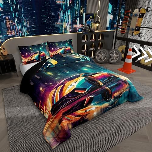 Erosebridal Racing Sports Car Queen Comforter Set for Kids Teens Adults,Cool Speed Car Bedding Set,Extreme Sport Games Duvet Insert,City Night Scene Bed Set for All Season