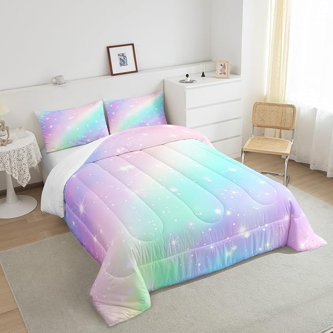 Ombre Rainbow Bedding Sets King Size Golden Stars Comforter Girls Tie Dye Duvet Insert Pink Purple Blue Princess Bedding Colorful Pastel Art Bedding Sets & Collections Sweet Bedroom Decor, Soft Warm