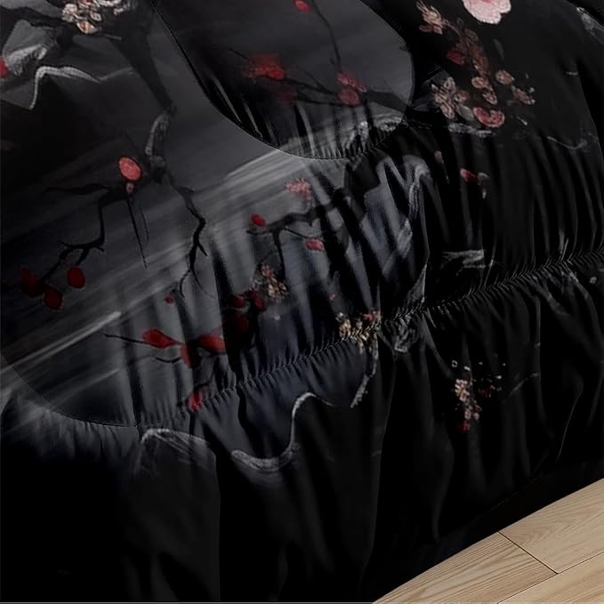 Japanese Style Cherry Blossom Comforter Set King Pink Cherry Blossoms Bedding Black Floral Bedding Set 3Pcs Oriental Comforter Asian Art Decorative Bedding Comforter Set for All Season