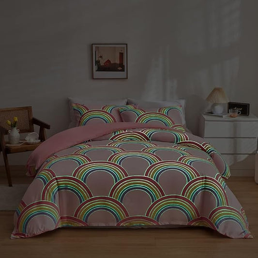 Feelyou Rainbow Glow in The Dark Comforter Set for Girls Kids Queen Pink Rainbow Bedding Set Super Soft Colorful Stripe Mermaid Scales Comforter Baby Girl Bedroom Pink Decor Bedding Quilted Duvet