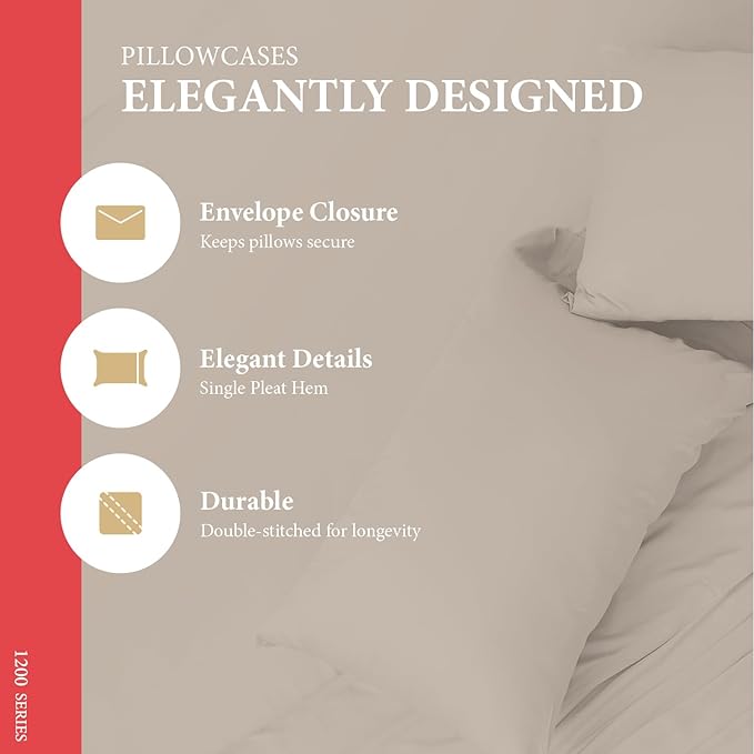 Ashton Sheets 100% Egyptian Cotton Pillow Cases King Size Set of 2 - Luxury 1200 Thread Count Sateen Taupe Pillow Covers, Silky Soft & Cooling Extra Long Staple Pillowcases, Fits King Size Pillows