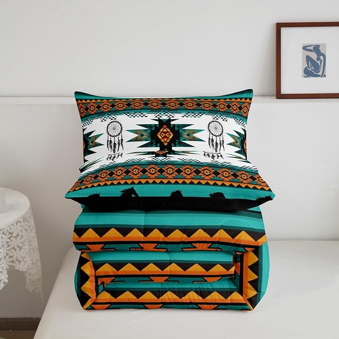 Feelyou Boho Comforter Set Full Size Southwestern Native Aztec Comforter Bohemian Dream Catchers Bedding Set Horses Duvet Set Room Decor Azure Quilt Set