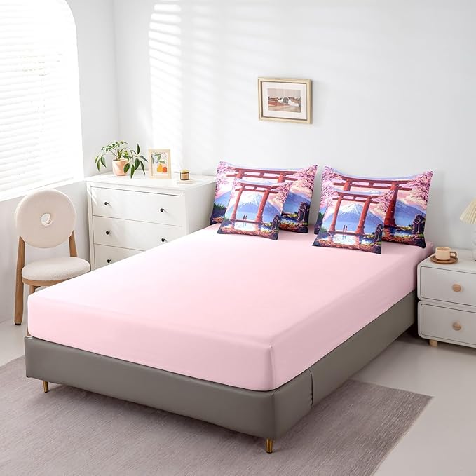 jejeloiu Pink Japan Bedding Set 7Pcs King Size Kids Anime Mount Fuji Comforter Set with Sheets for Boys Girls Pixel Bed in a Bag Soft Lightweight,Microfiber
