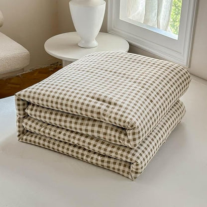 NSNLGSGC Tan Gingham Cotton Comforter Set King, 100% Washed Cotton Taupe Plaid Checked Comforter Bedding, 3 Pieces Vintage Farmhouse Grid Bedding Set(Tan Gingham, King)