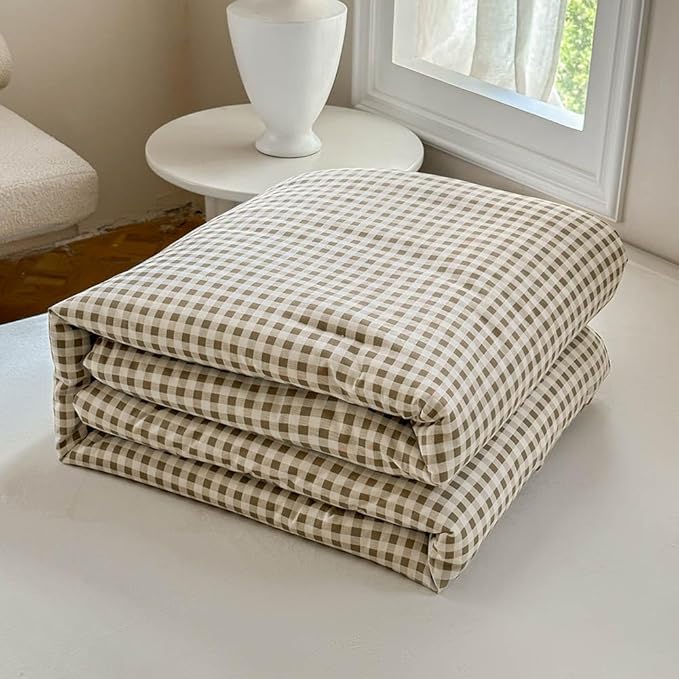 NSNLGSGC Tan Gingham Cotton Comforter Set Queen, 100% Washed Cotton Taupe Plaid Checked Comforter Bedding, 3 Pieces Vintage Farmhouse Grid Bedding Set(Tan Gingham, Queen)