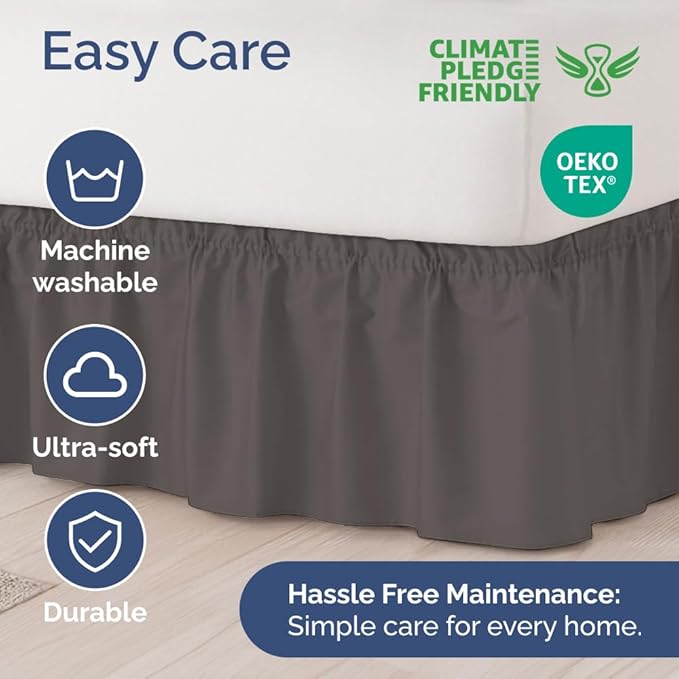 Wrap Around Dust Ruffle Bed Skirt - Dark Grey - for Queen Size Beds with 21 Inch Drop - Elastic Strap - Adjustable Pleated Bedskirt with Brushed Fabric and Wrinkle Free - for Women, Men, Kids & Teens