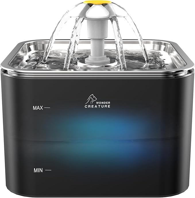 Wonder Creature Crystal Cat Water Fountain Stainless Steel Lid, 101oz/3L | Pet Fountain with Transparent Base, Quiet Pump, LED Indicator Light, Triple Filtration, 3 Flow Modes for Cats and Dogs