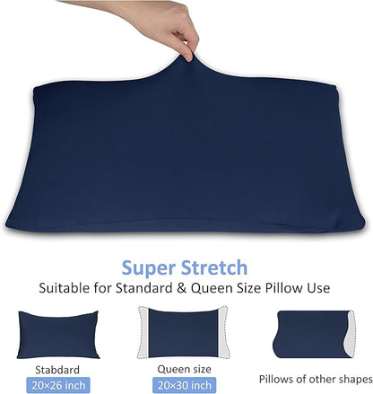 2-Pack Stretch Pillow Cases - Jersey Knit & Ultra Soft Envelope Closure Pillowcases T-Shirt Like Microfiber Blend - Suitable for Queen or Standard Size Set of 2, Navy