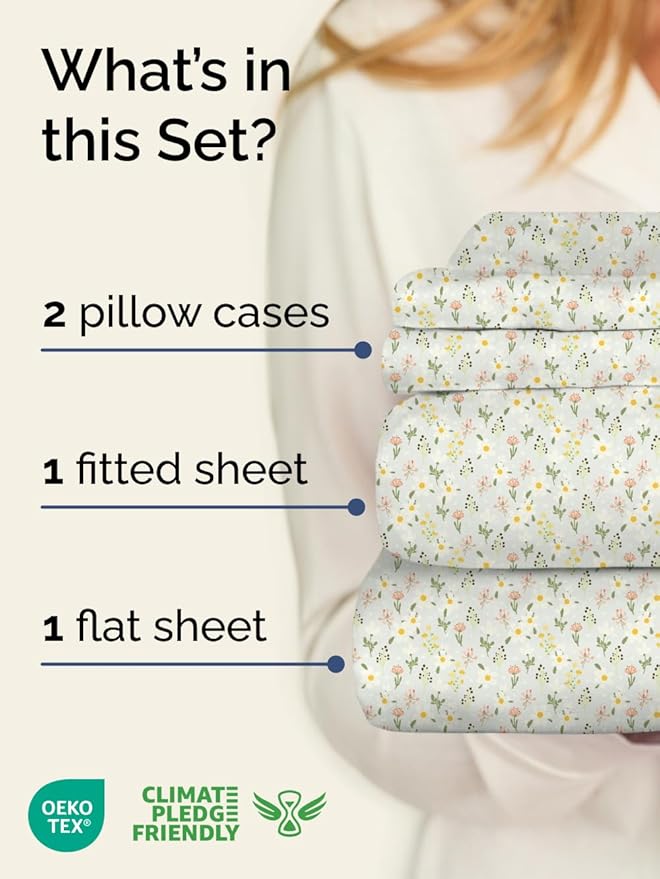 Floral Sheets - Flower Print Bed Sheet Set - 1 Flat, 1 Fitted & 1 Pillowcase w/ Deep Pockets - Comfy, Cozy, Wrinkle & Fade Free - Boho Botanical Bedding - Soft, Breathable & Cooling - Twin XL Size Set