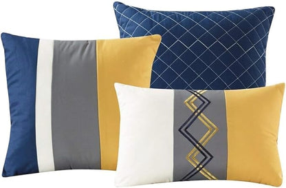 Chezmoi Collection Arden 7-Piece Modern Pleated Stripe Embroidered Zigzag Bedding Comforter Set (Oversized King, Navy/Gray/Yellow/White)