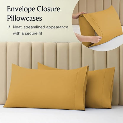 LuxClub 4 PC Full Sheet Set, Breathable Luxury Bed Sheets, Deep Pockets 18" Wrinkle Free Cooling Bed Sheets Machine Washable Hotel Bedding Silky Soft - Medallion Gold Full