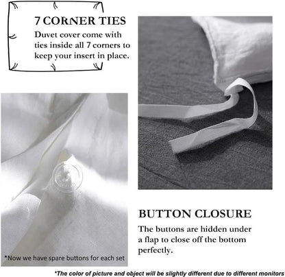 Simple&Opulence 100% Linen Duvet Cover Set with Embroidery Border Washed - 3 Pieces (1 Duvet Cover with 2 Pillow Shams) with Button Closure Soft Breathable Farmhouse - White, Full Size