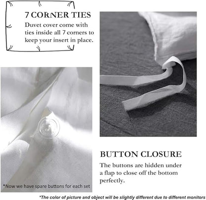 Simple&Opulence 100% Linen Duvet Cover Set with Embroidery Border Washed - 3 Pieces (1 Duvet Cover with 2 Pillow Shams) with Button Closure Soft Breathable Farmhouse - White, Full Size