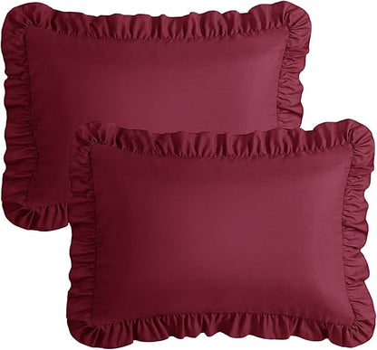KKJIAF Ruffle Pillow Cases Standard Size Set of 2, Ruffled Pillow Covers with Envelope Closure, Wrinkle Resistant Ruffled Pillow Shams 20" x 26", Burgundy