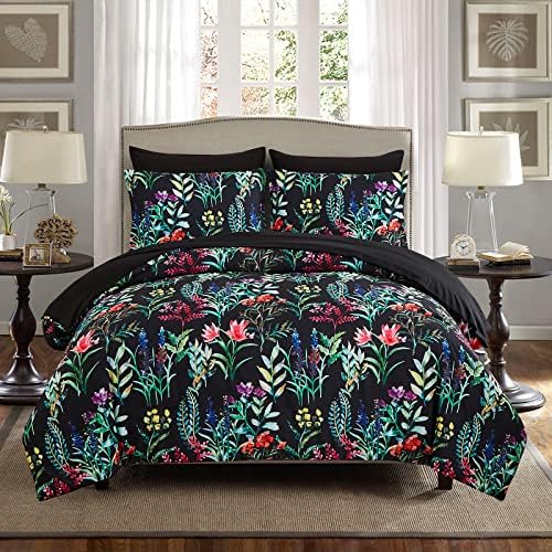 DHSFKBE 7 Piece Bed in a Bag Floral Comforter Set, Botanical Flowers Comforter and Sheet Set, Soft Microfiber Lightweight Bedding Comforter Set for All Season(Dark Floral, King)